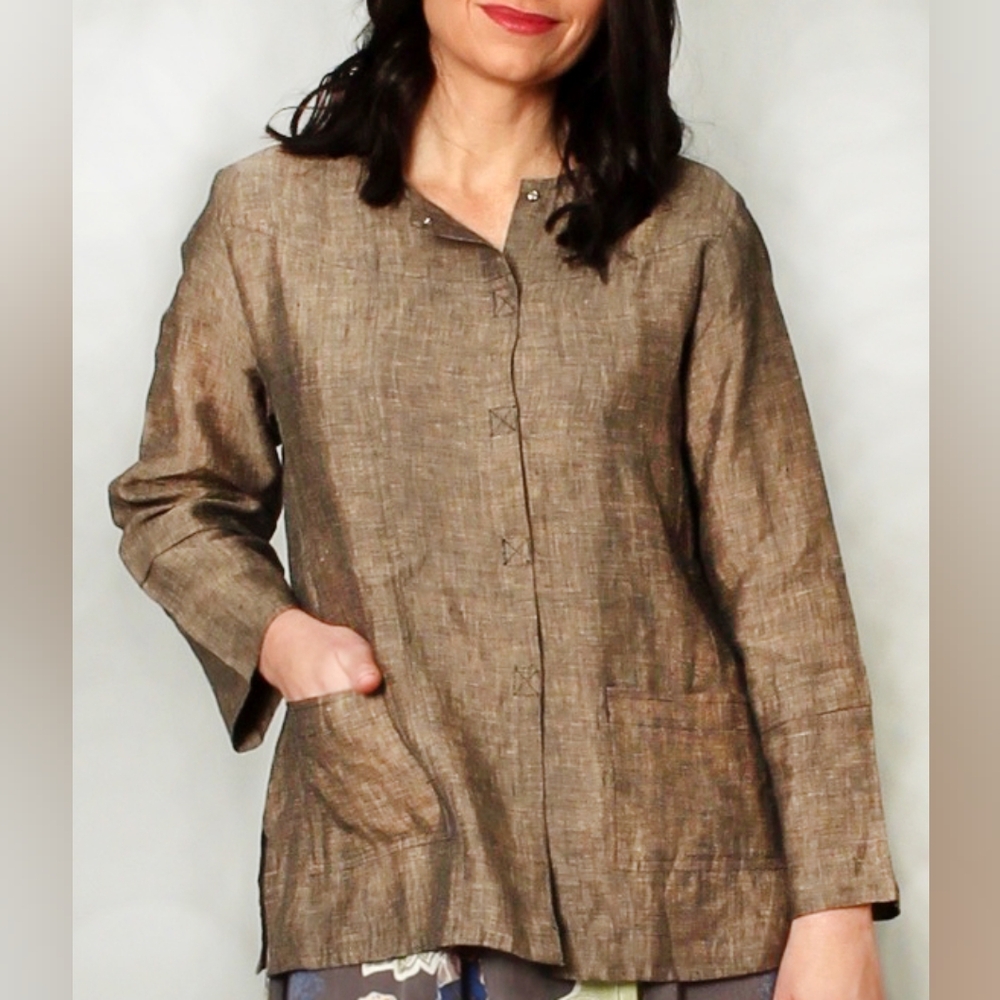 LITTLE JOURNEYS Inti Brown Linen Snap-front Shirt Size Large‎  Pockets